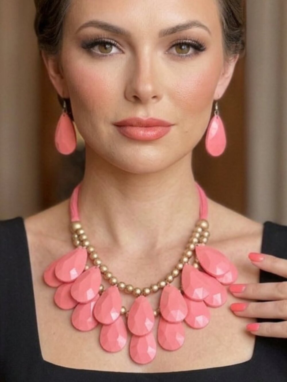 New! Statement Peach Teardrop Bib Necklace with Matching Earrings